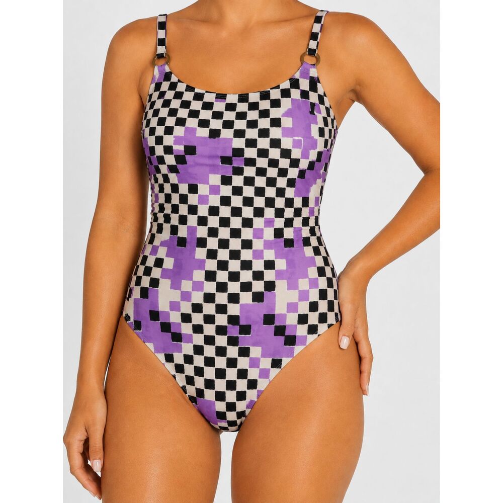 Red Carter Checkerboard One Piece Swimsuit Size S Purple Black Retro Mod NWOT